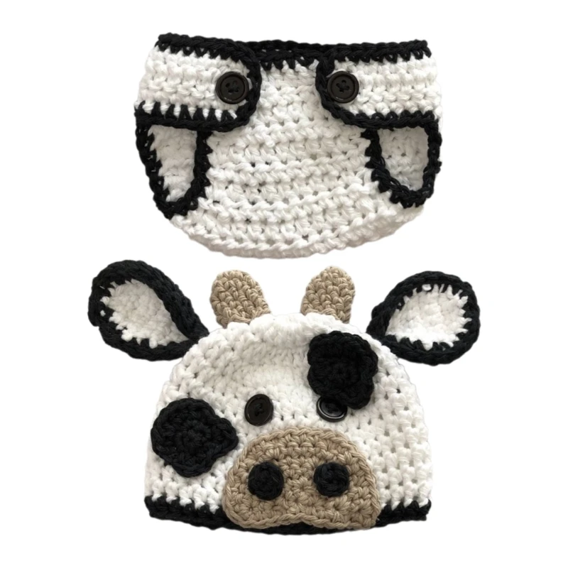 Infant Cow Costume Crochet Hat Shorts Photoshooting Clothes Newborn Shower Gift