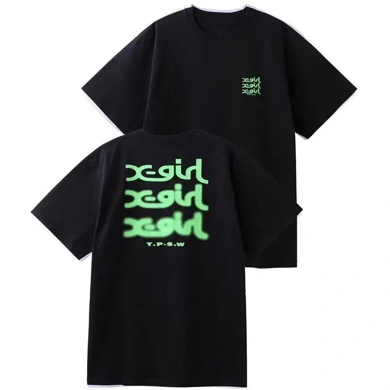 Urban Street Black T‑Shirt Chest Small Logo + Back Large Neon Letter Print Breathable Cotton Short Sleeve