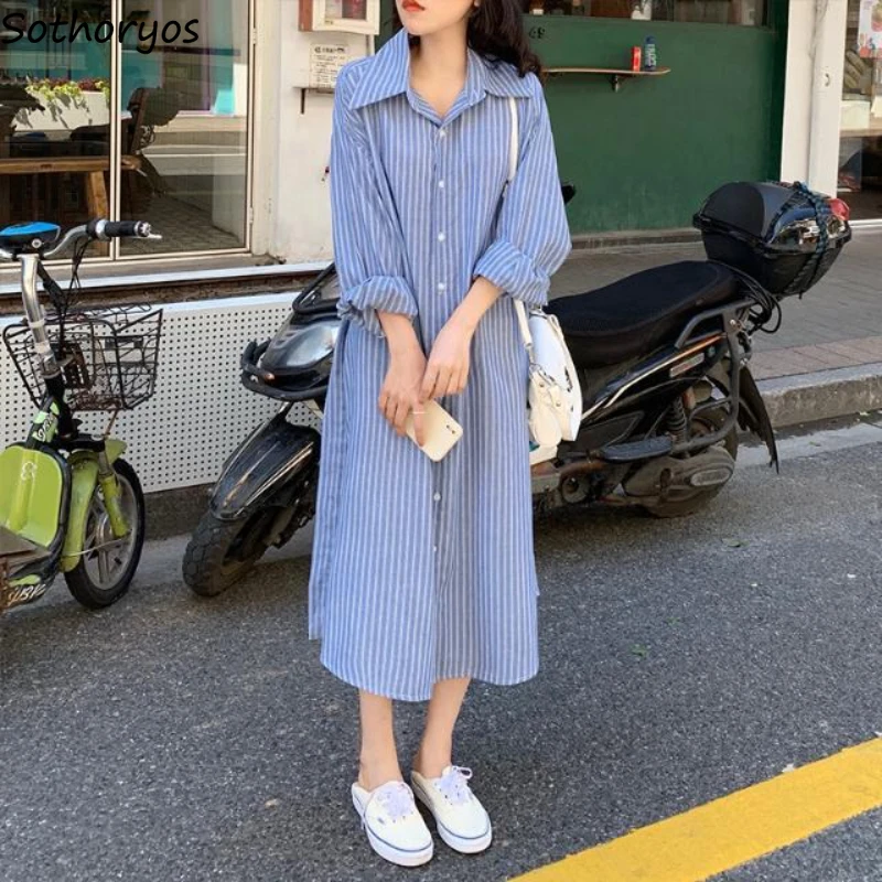 

Dresses Women Striped Simple All-match Design Retro Elegant Solid Comfortable Loose Leisure Korean Style Turn-down Collar New