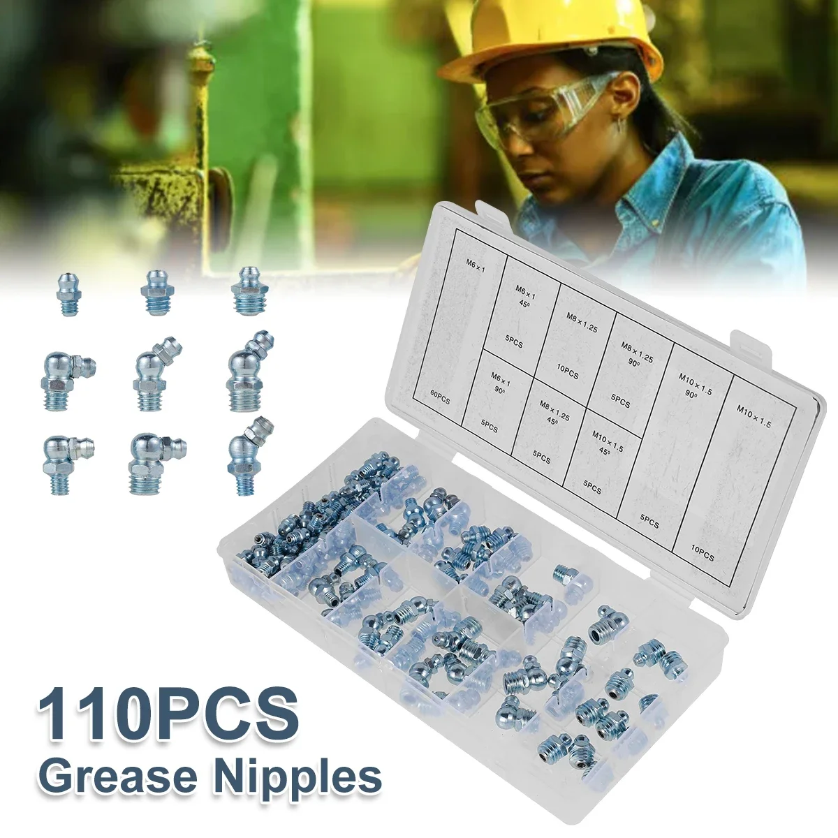 110 Pcs Grease Nipple Fittings Assortment Kit Straight 45-Degree 90-Degree Angled Galvanized Metal Grease Nipple Set M6 M8 M10