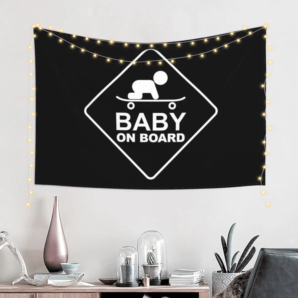 Baby On Board - Skater Baby Sign - White Tapestry Carpet Wall Room Aesthetic Decor For Bedroom Bedroom Decoration Tapestry