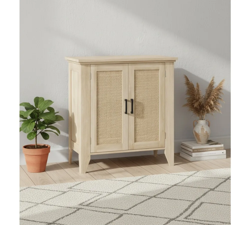 Natural Rattan Storage Cabinet with Doors & Shelves, Rustic Wooden Sideboard for Living Room Dining Kitchen Entryway