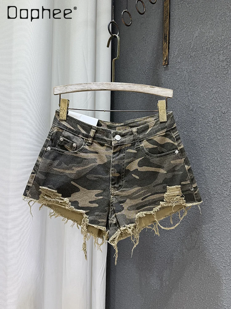 

2025 Summer New Street Hot Girl High Waist Slim Camouflage Rough Edge Denim Shorts Women Trend Personality Y2K Wide Leg Pants