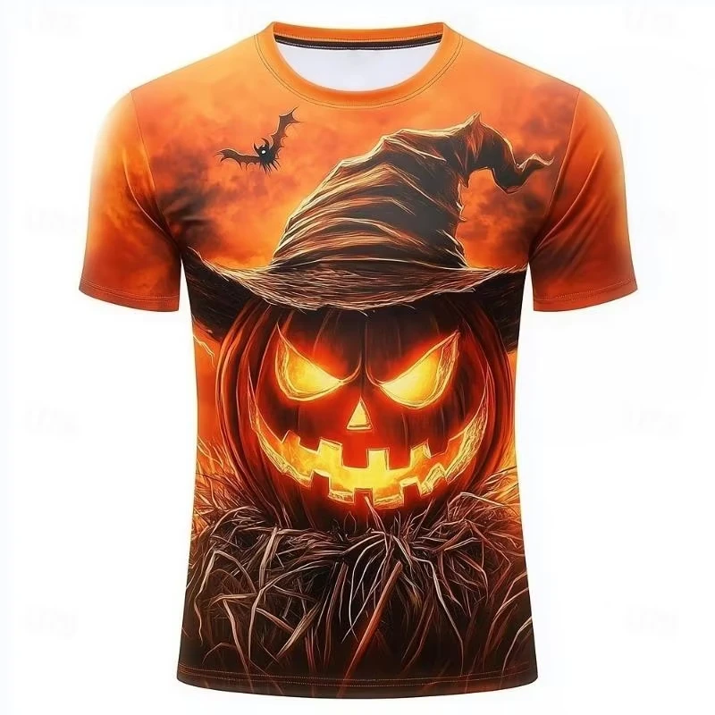 Men's Glowing Pumpkin Witch Hat Bat Spider Web Night Scenery 3D Full Print Crew Neck Halloween Black Short Sleeve Casual T-shirt