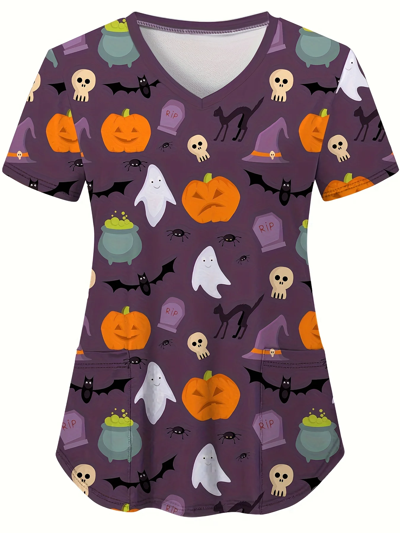 Plus Size Halloween Theme Print V Neck Top, Functional Patched Pockets Health Care Uniform For Nurse, Women's Oversized Clothing