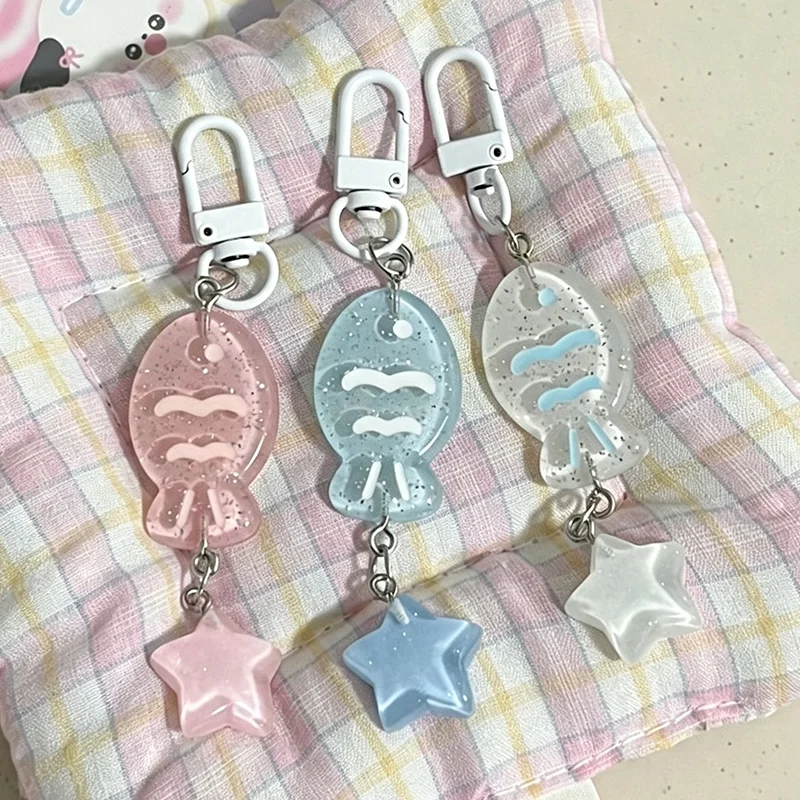 Ocean Series Resin Fish Starfish Key Chains for Women Shiny Cute Colorful Transparent Women Heart Bag Key Pendant Accessories