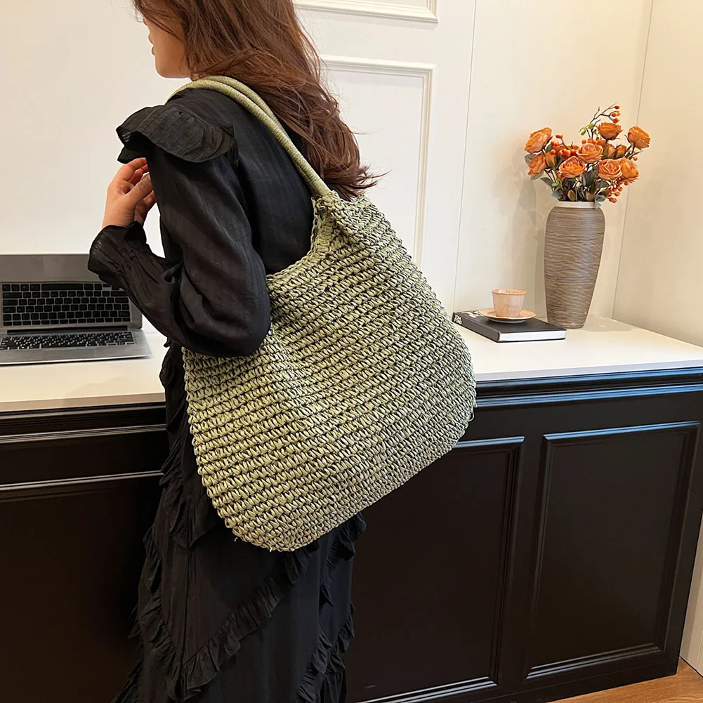 

Women Crochet Beach Handbag Large Capacity Retro Straw Handbag Hasp Closure Simple Weaving Handbag Ladies Summer Daily Bag
