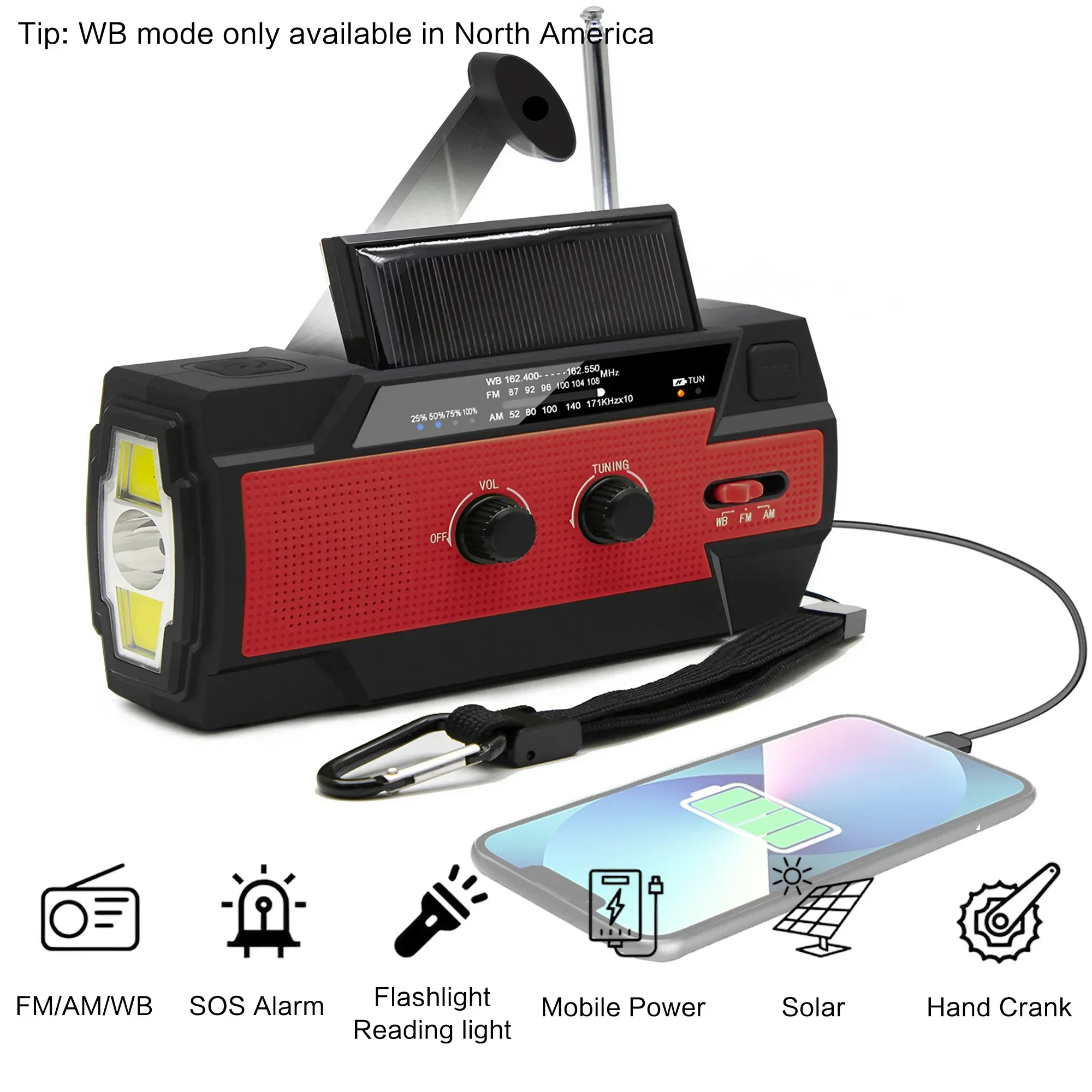 

Прием AM/FM/WB, ручная рукоятка/солнечная/USB-зарядка, внешний аккумулятор, 3-режимный дисплей батареи фонарика и функция оповещения SOS