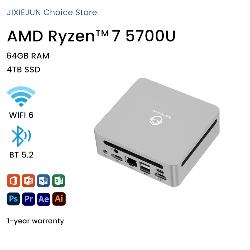 GenMachine 2025 New Mini PC Ryzen 5700U Windows 11 DDR4 3200MHz WiFi6 Max 64GB AMD Gaming Computer