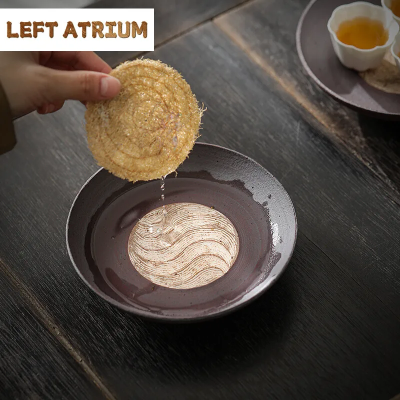 Handmade Rough Pottery Pot Bearing Holder Household Ceramic Dry Soaking Plate Japanese Circular Tea Table Teaware Support Base