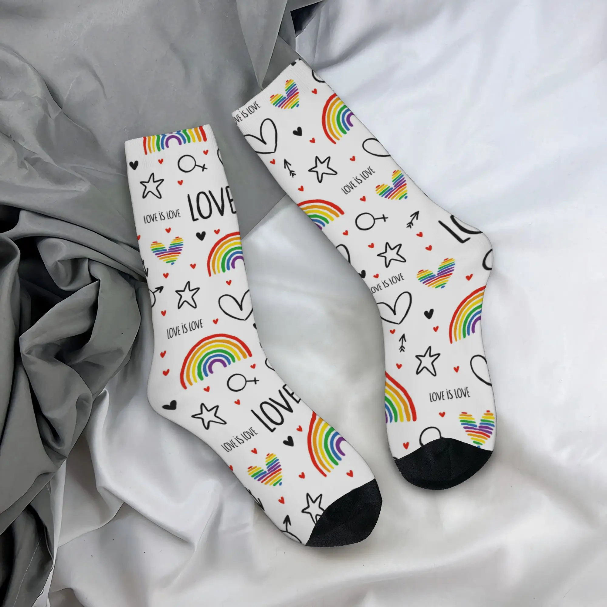 Cute Lgbt Rainbow Hearts Arrows and Stars Outfits Men Women Socks Cozy  Sport Middle Tube Stockings Cotton Best Gift Idea