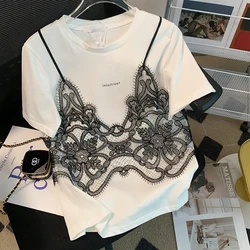 Summer Fake New Two Piece T-Shirt Women Lace Patchwork Suspender Cropped Tops Fashion Pullover Casual Short Sleeve T-Shirts