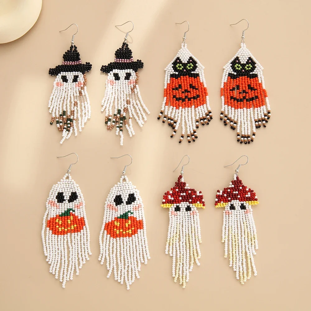 Rice bead earrings Tassel All Saints' Day Pumpkin Versatile Design Hand knitting Bohemia Alloy Fashion Female Beaded earrings