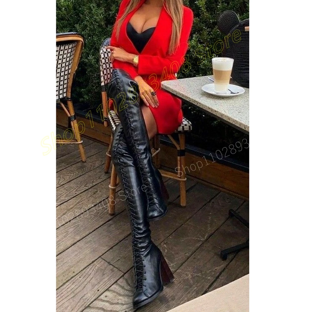 

Cross Tied Round Toe Over the Knee Boots Chunky High Heel Matte Leather Fashion Sexy Women Shoes 2024 Autumn Zapatos Para Mujere