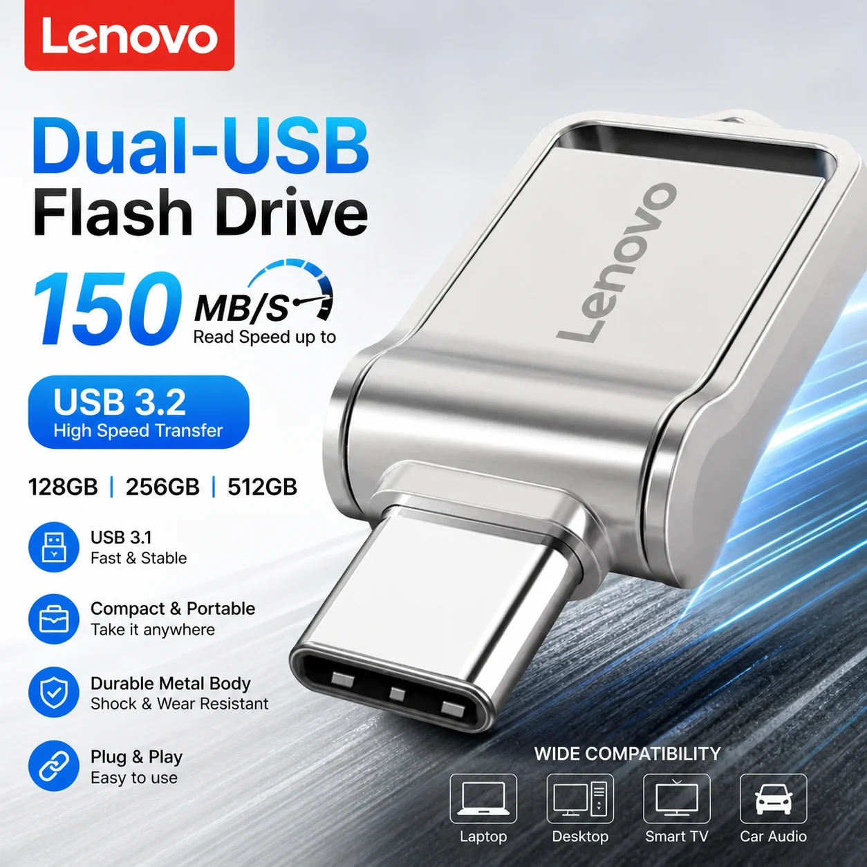 Lenovo High Speed Pendrive USB Flash Drive Pen Drive 256GB Type-C Memory Stick 512GB Waterproof Storage PC Phone Data Transfer
