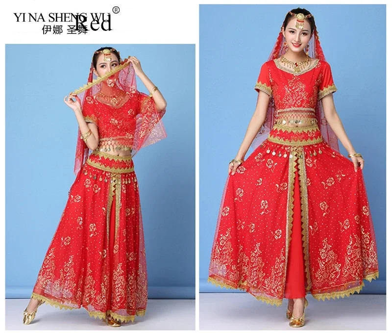 Sexy Bauchtanz-Kostümset für Damen im Bollywood-Stil, ägyptisch-indischer Stil, Chiffon-Oberteil mit Pailletten und Fransen, Rock für Bühnenauftritte – Detail 10