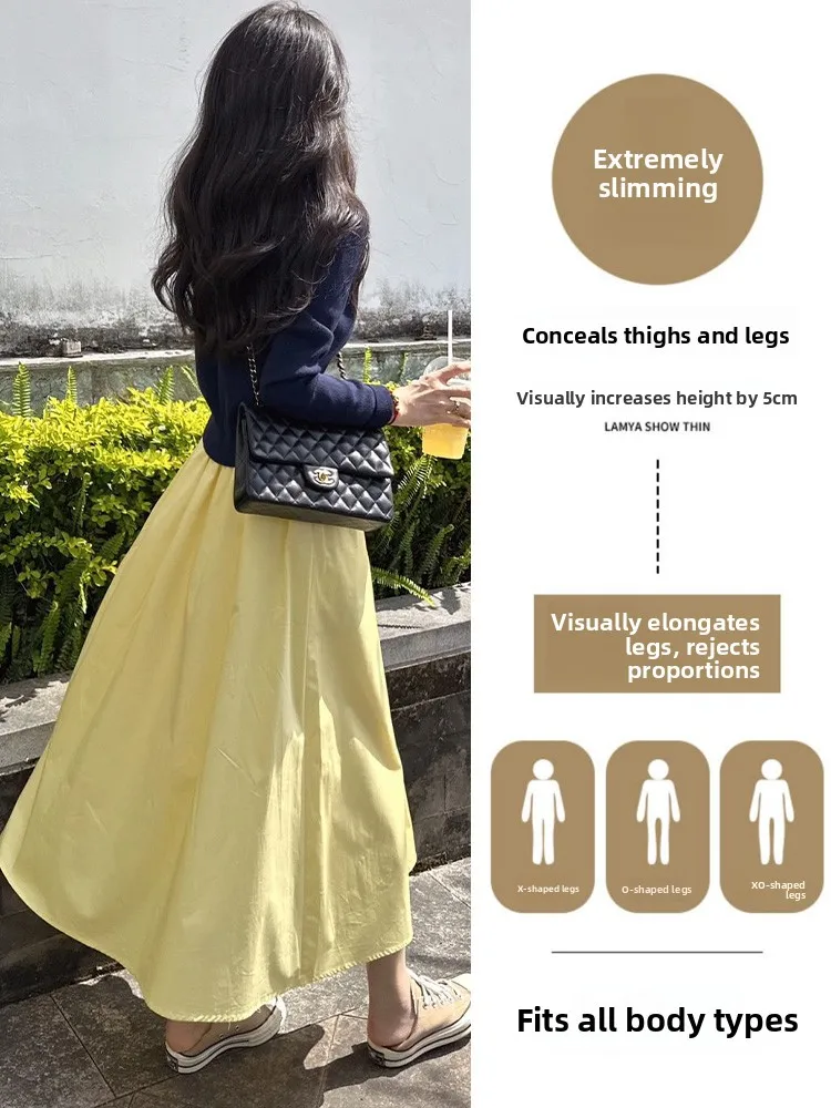 Dopne gele hoge taille A-lijn midi rok dames lente herfst 2025, nieuwe kleine maat bergpatroon f-lengte rok