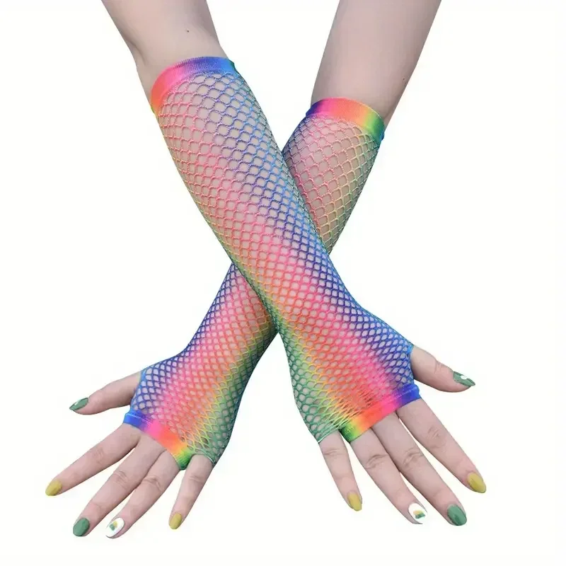 1Pair Women Hollow Out Rainbow Fishnet Gloves Sexy Mesh Net Fingerless Gloves for Disco Dance Party Costume Accessories