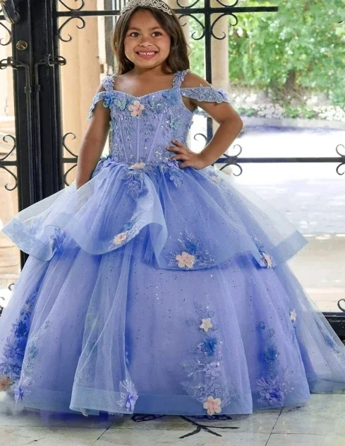 فساتين فتاة الزهور اللافندرية لحفلات الزفاف من الدانتيل بطول الأرض للفتيات والأطفال وحفلات أعياد الميلاد الأولى فساتين التواصل المقدس حسب الطلب