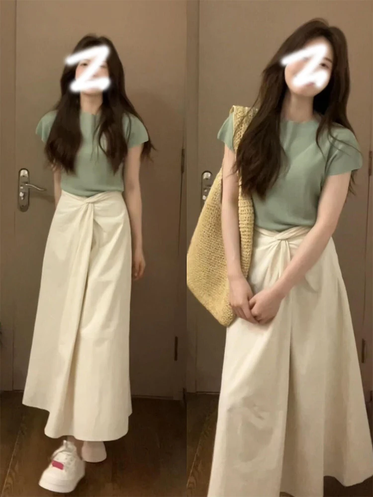 

Korean Sle High Waist Pleated A-Line Midi Skirt Slimming Belly Covering Ele plus Size Women's Faion Spring Summer