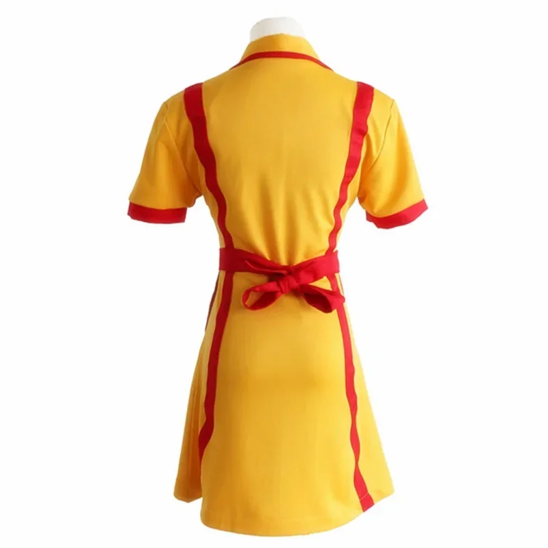 ZA01 Movie 2 Broke Girls Max  Caroline Caroline Cosplay Costume Women Halloween Party Short Sleeve Yellow Apron DressZa0@