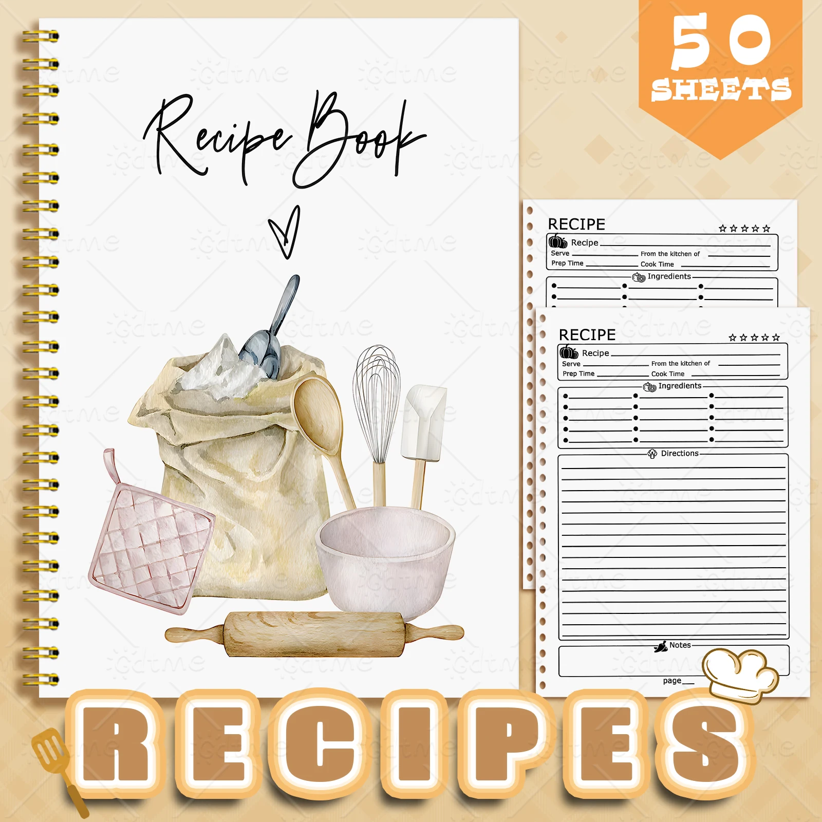 1 Cuaderno de recetas Un planificador de cocina con bonitos patrones de cocina y diario de comida de color pastel para cocineros caseros y planificadores de comidas