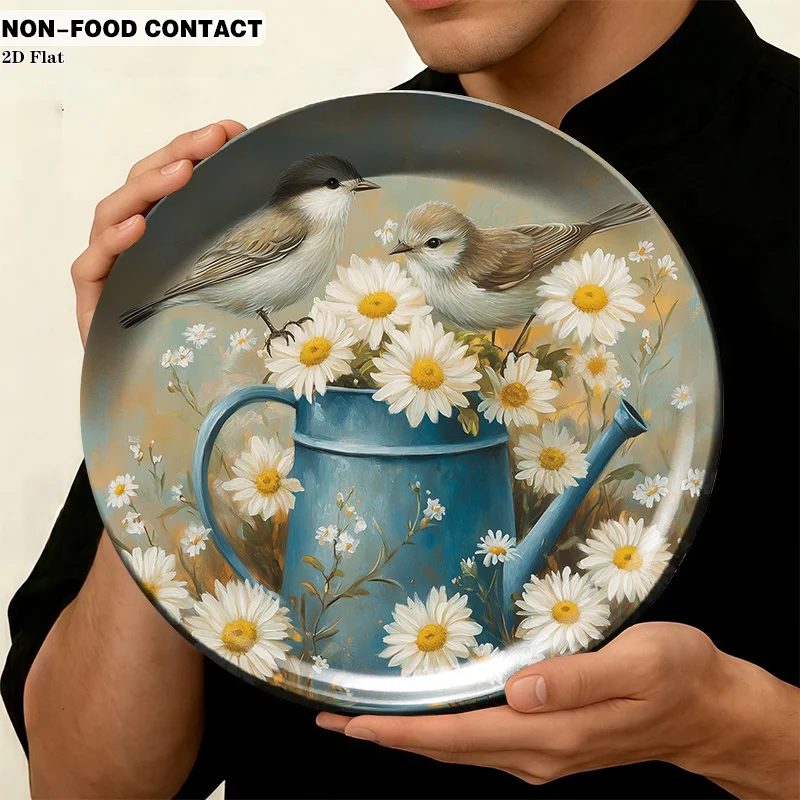 1pc Ceramic Decorative Plate - Blue Watering Can with Daisies Wall Plate, Round Suitable for Home Decor, Living Room, Bedroom,