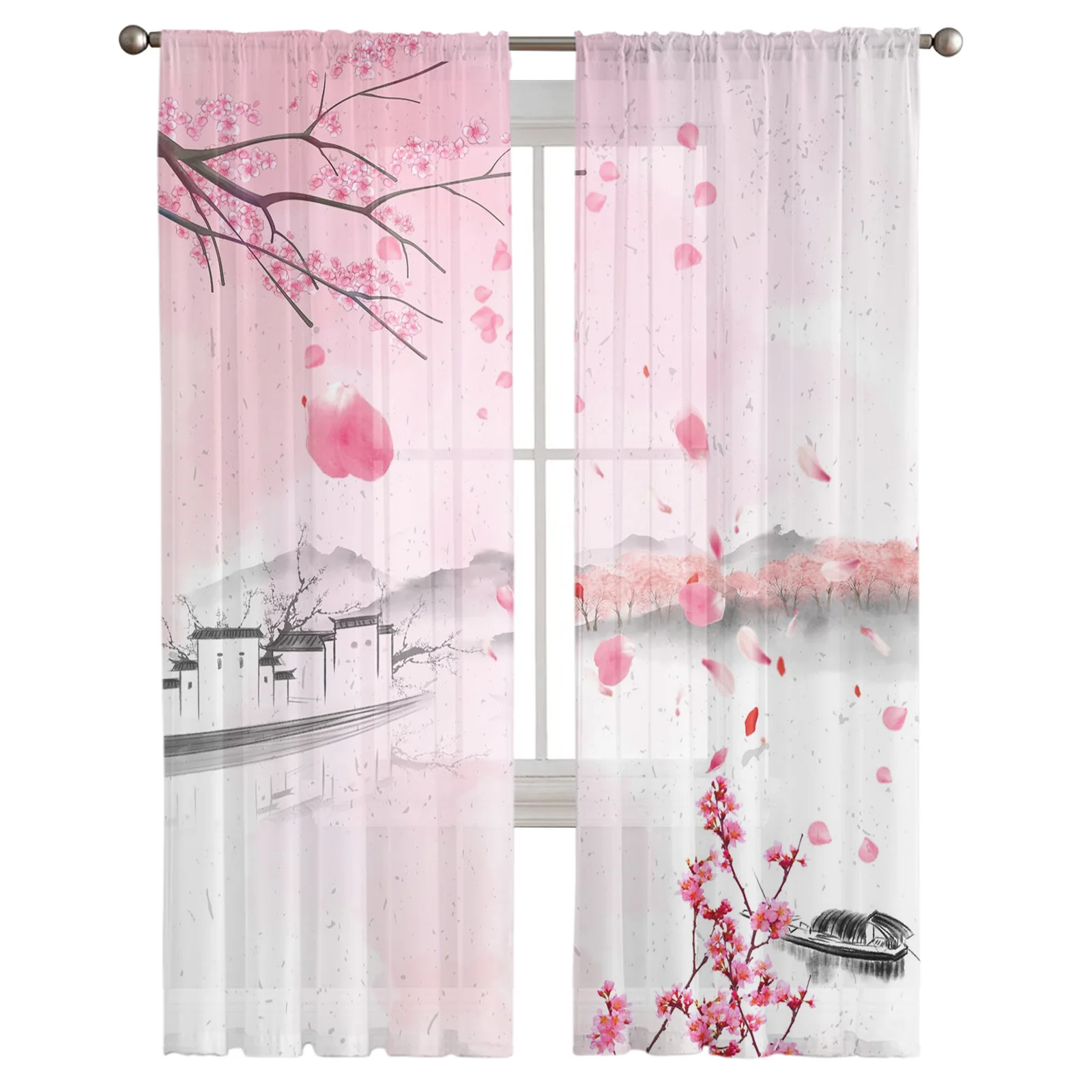 Ink Pink Romantic Cherry Blossom Ship Village Sheer Curtains Window Curtains for Living Room Bedroom Blinds Kids Room Home Decor