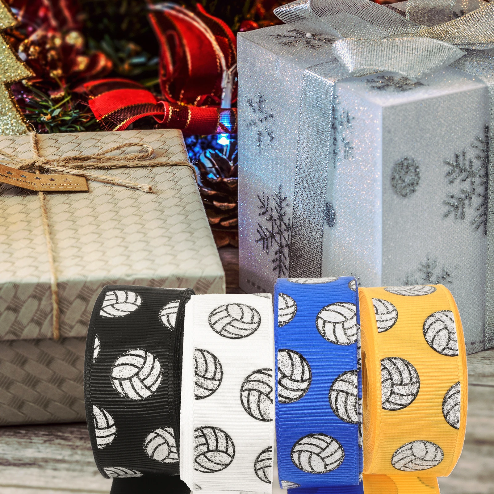 

4 Rolls Volleyball Ribbon 5Yards Roll White Black RoyalBlue Gold Decorative Craft Gift Wrapping Ribbon DIY Projects Festive