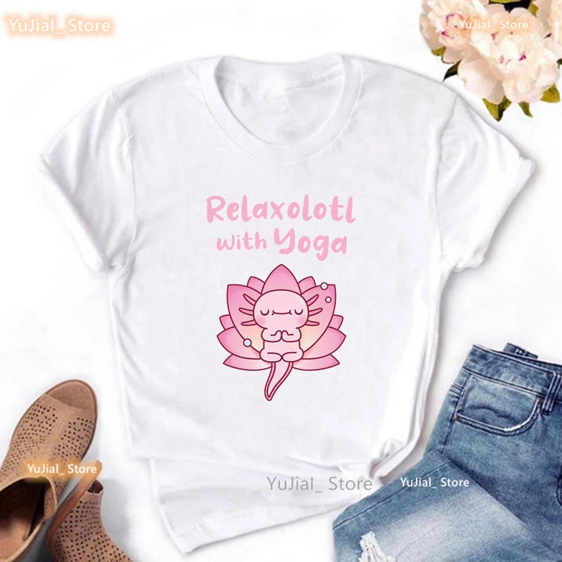 Cute Axolotl Seated On Lotus Flower Relaxolotl Graphic Print T Shirt Girls Meditation Tshirt Women Summer Fashion Tops Tee Shirt