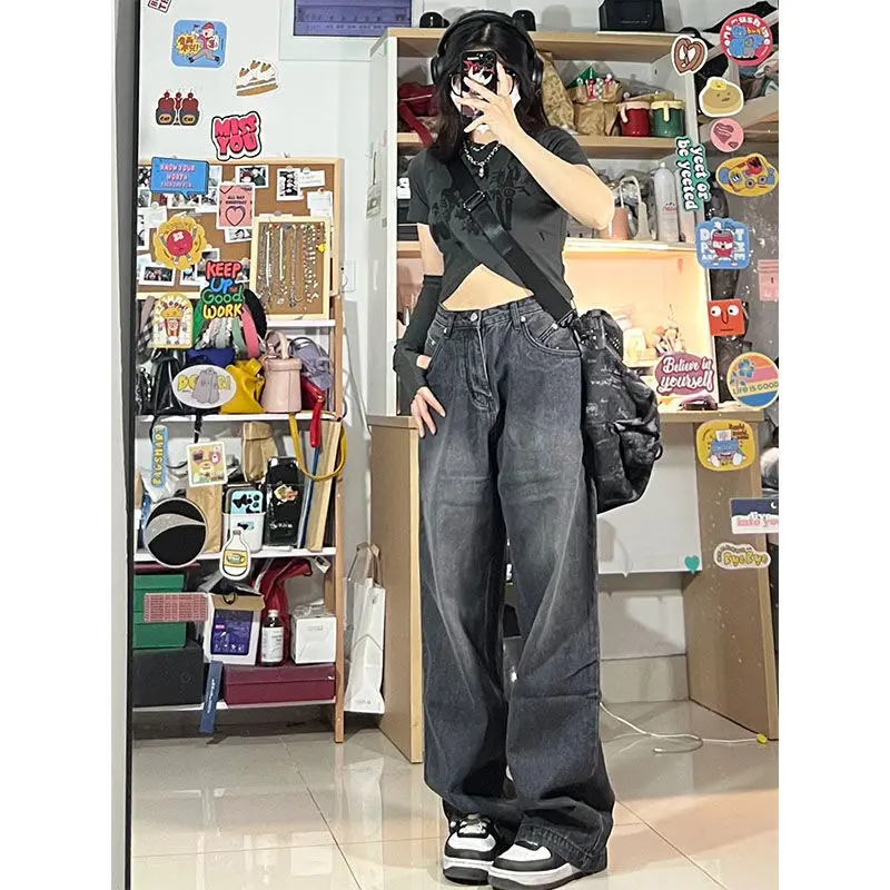 Female Streetwear Denim Trousers Y2k High Straight Jeans Women Vintage 90S Waist Loose Wide Leg Casual Long Pants Clothing