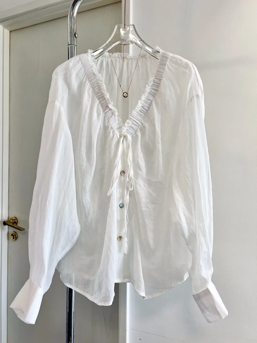 

Женская свободная блузка с длинным рукавом, V-образным вырезом и завязками на талии, летний топ для защиты от солнца, модный дизайн Wooden Breeze