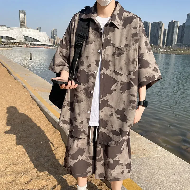 Hip Hop Mens Vintage Tie Dye Dark Gray Two Piece Sets Summer Hawaiian Beach Suits Loose Oversized Blouse and Pants Harajuku 2024