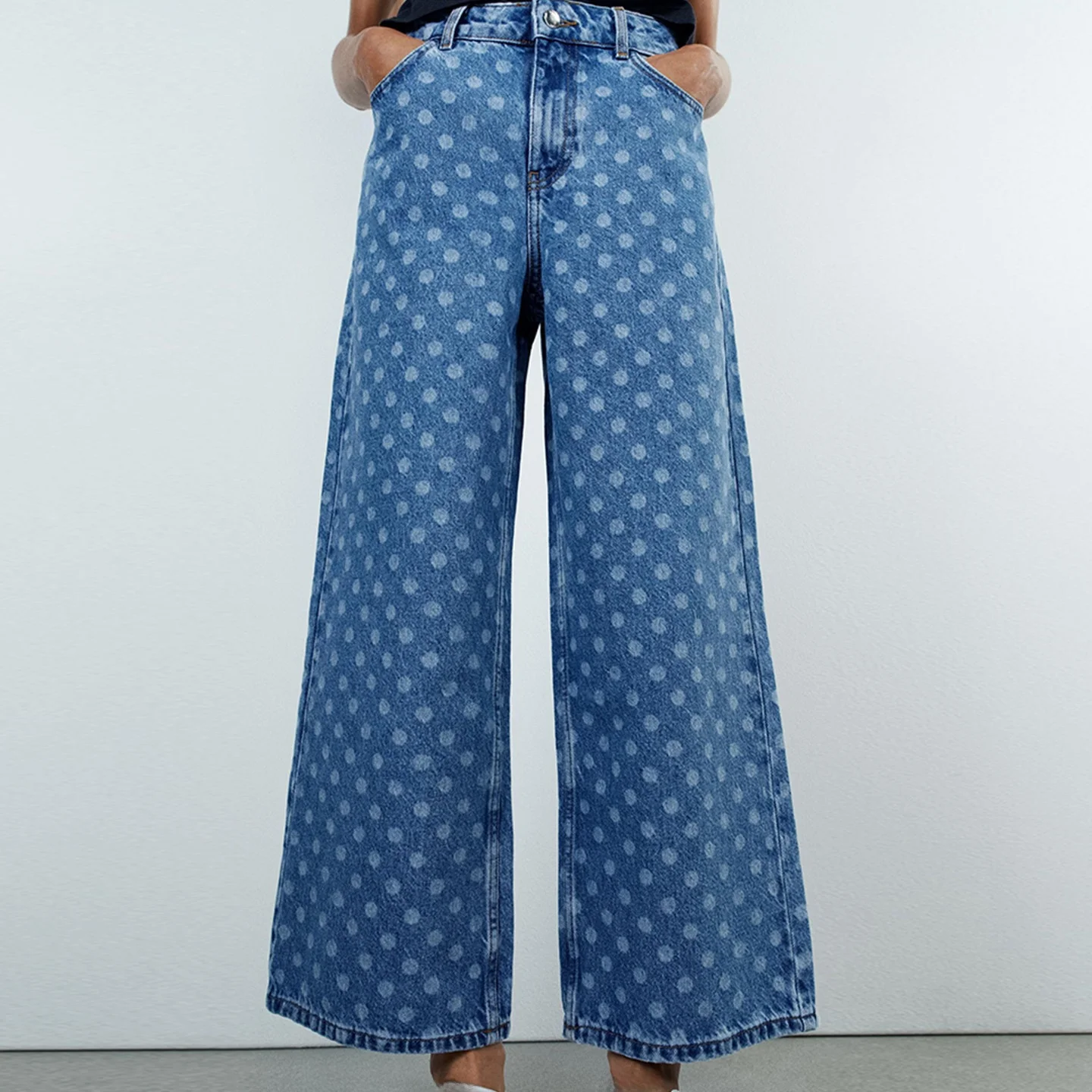Summer Polka Dot High Waist Wide Leg Jeans Women's Personality Denim Pants ZADATA Brand Standard Fit Micro Stretch Natural Waist