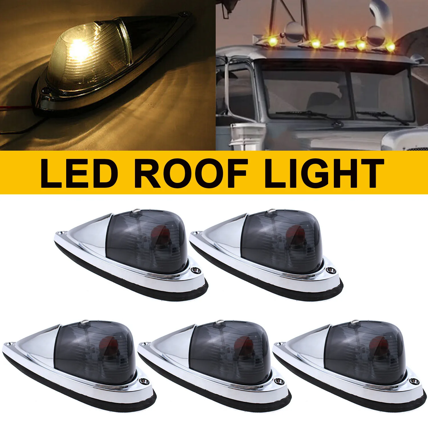 

5 шт., дымчатые линзы, янтарные светодиодные габаритные огни на крышу кабины, подходят для грузовика, универсальный каплевидный стиль