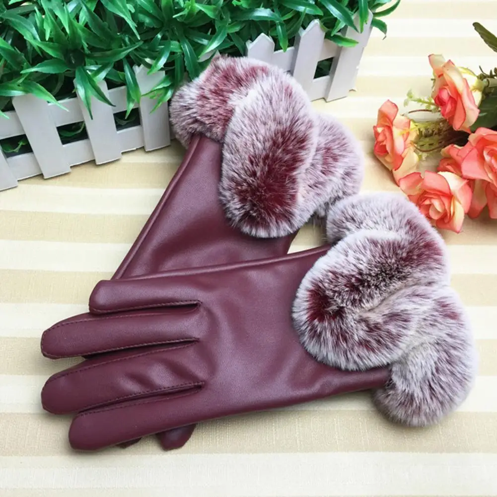 Full Finger Faux Leather Women Gloves Soft Plush Lining Driving Mittens Faux Rabbit Fur Touchscreen Gloves Fashion Ski Gloves