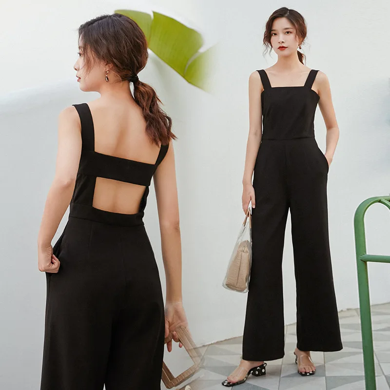 Overall Damen Herbst Schwarz Hohe Taille Breites Bein Rückenfrei Temperament Overall Lose Gerade Overalls