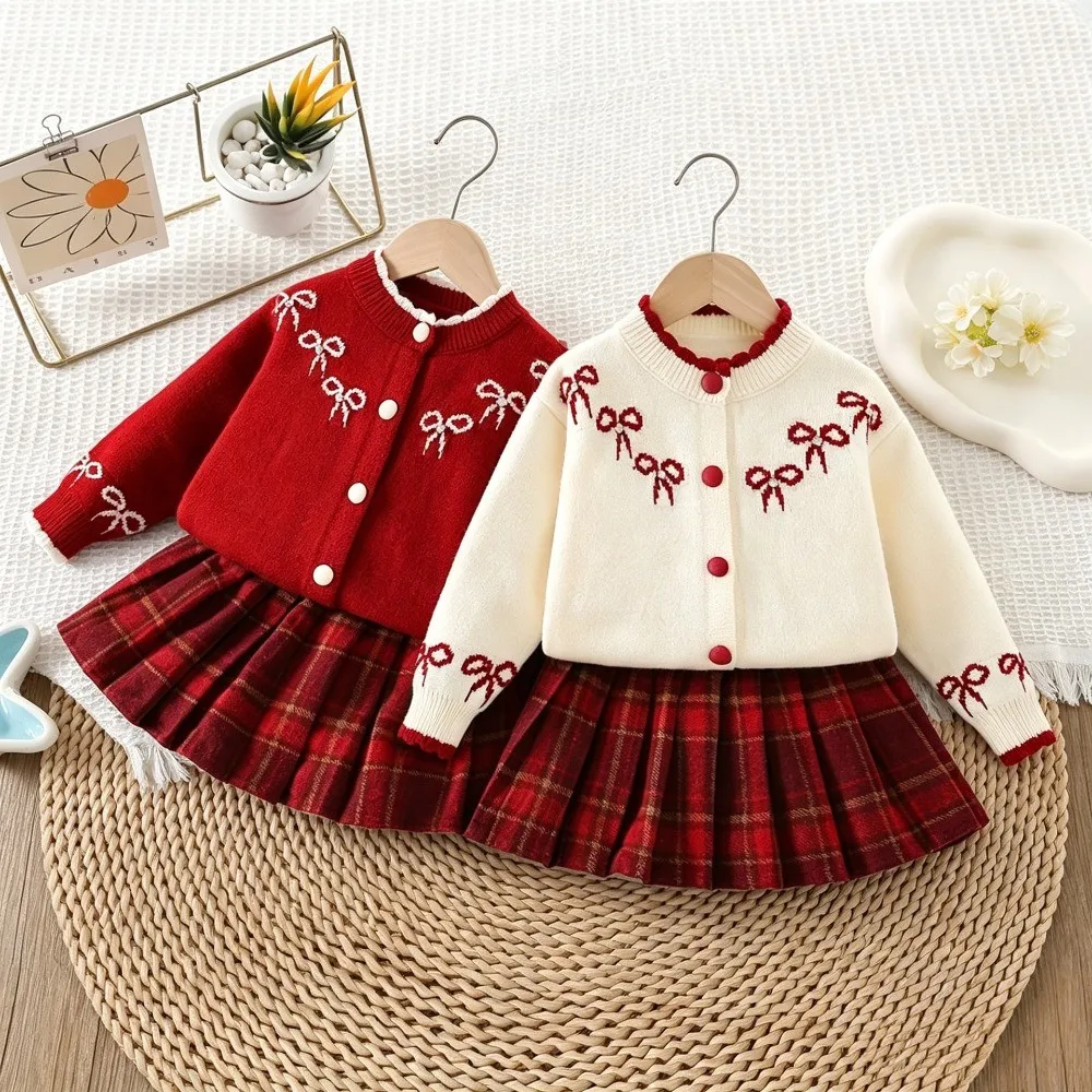 Korean Version Cute Christmas and New Year Knitted Sweater Clothes with Bow Tie Cardigan and Plaid Skirt