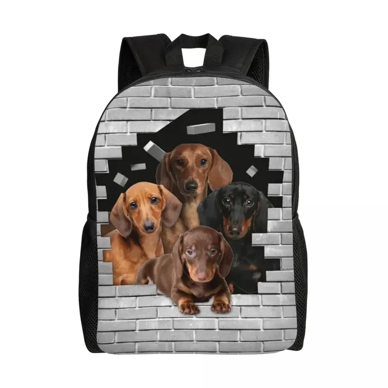 Mochila con estampado 3D de perro salchicha en ladrillo de cemento para hombre, bolsas de viaje universitarias para ordenador portátil de 15 pulgadas