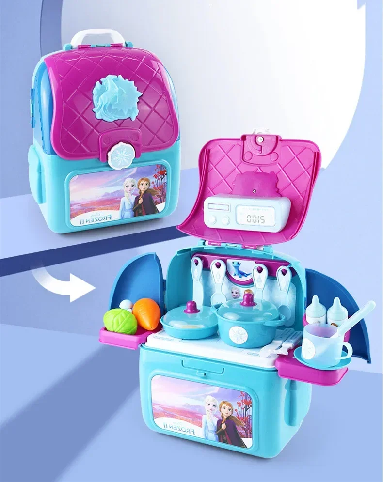 Set mainan dapur anak, 2 dalam 1 lampu LED Frozen Makeup Playset simulasi dapur set ransel mainan play house set mainan anak untuk hadiah terbaik