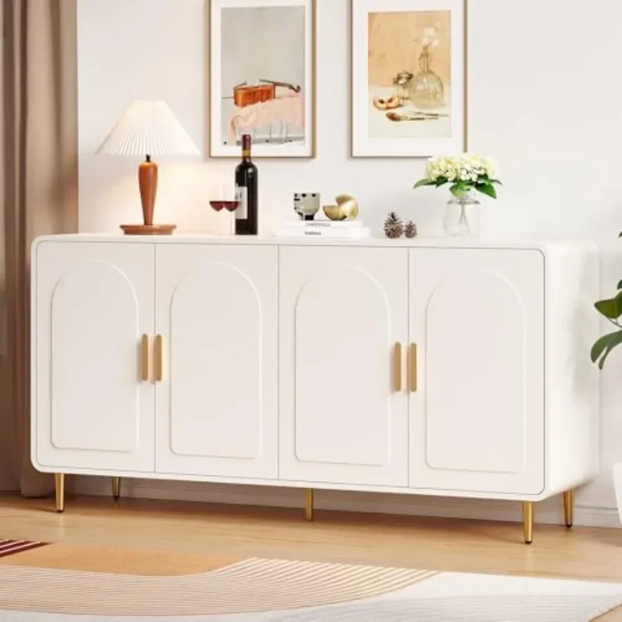 60 Sideboard Buffet Cabinet for dining room, MDF wood white finish, scratch-resistant surface and smooth-gliding drawers