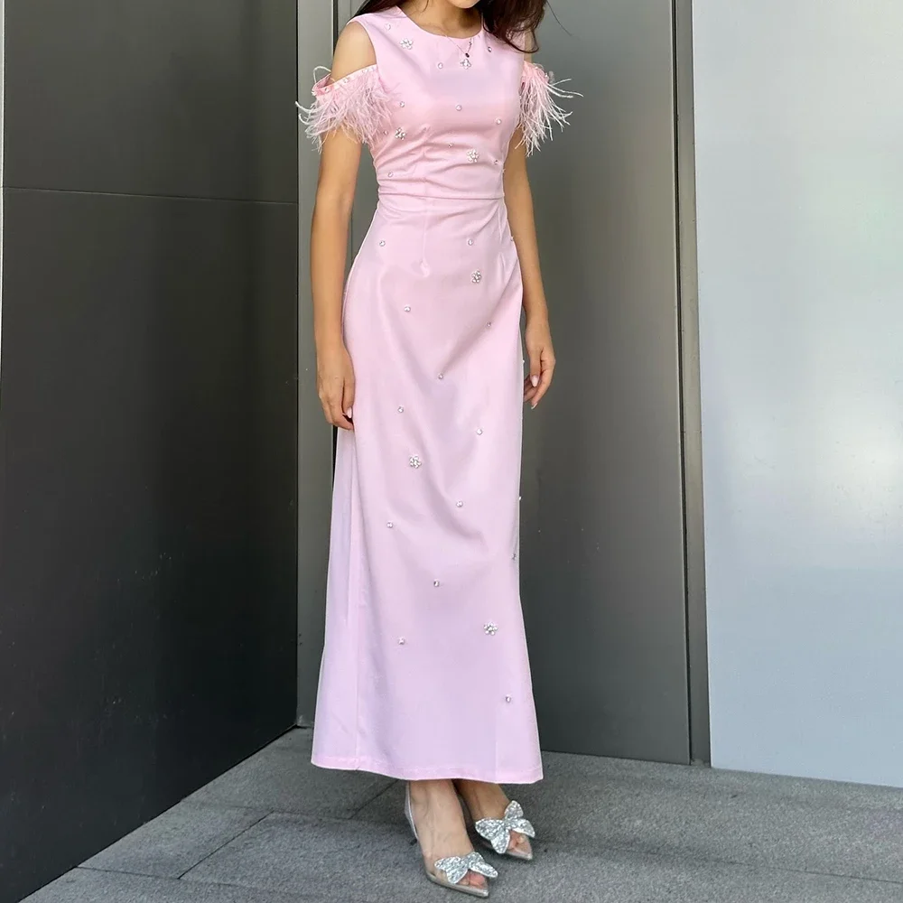 Customized A-line Evening Dresses Ankle-length O-neck Sleeveless Prom Gown Fashion Crystal Tassel Simple Draped Party Gown