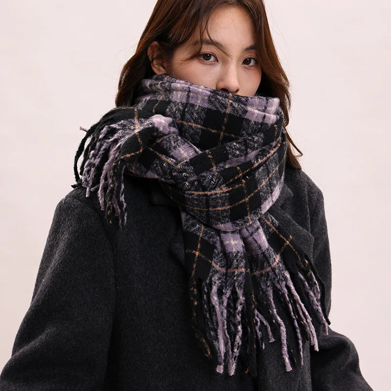 Purple Yam Luxury Scarf for Women, Winter Korean Style Versatile Plaid Shawl, Soft and Retro Warm Neck Warmer