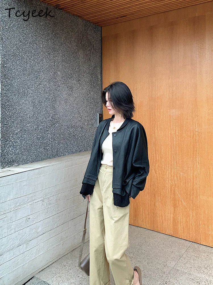 Tcyeek véritable peau De mouton printemps automne à la mode col montant noir femmes veste en cuir véritable Jaqueta De Couro légítimo Feminina