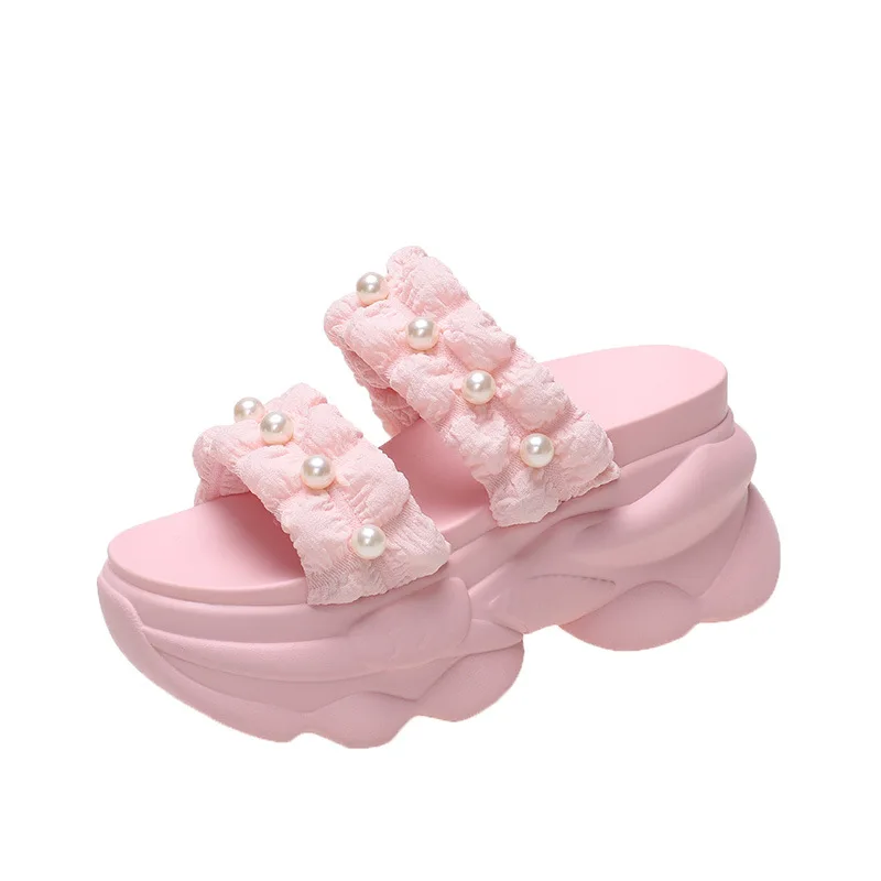 Brand Women High Platform Slippers Pearl Thick Sole Summer Shoes Woman Outside Chunky Sandals Casual Beach Slides Zapatos Mujer