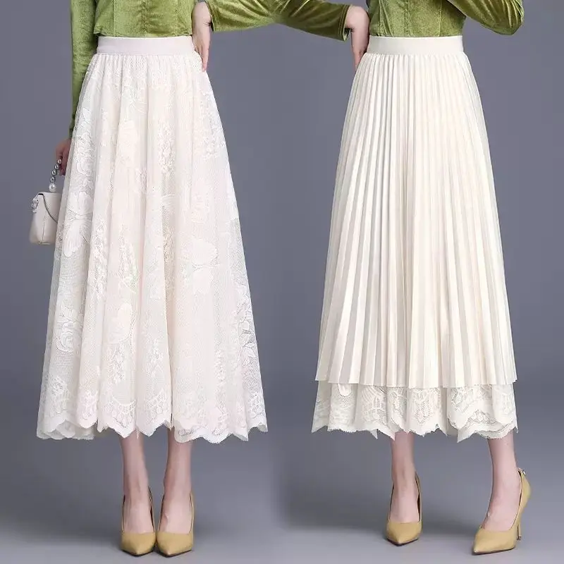 Heavy Industry Lace Skirt Women in Autumn Winter New High-waist Pleated Skirt on Both Sides Wearing A-line Long Skirt
