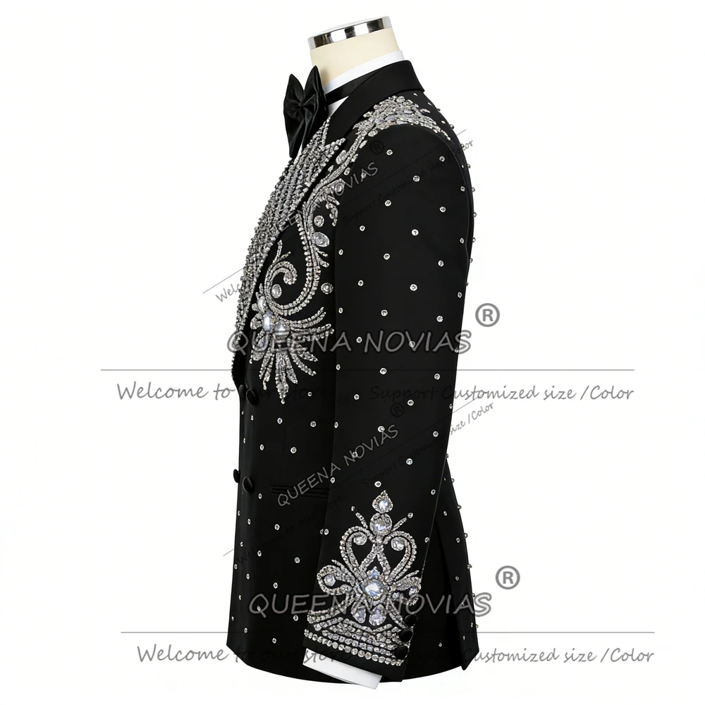 Exclusive Beaded Crystals Suits Men For Wedding Double Breasted Jacket Pants 2 Piece Set Rhinestone Groom Tuxedos Ropa Hombre