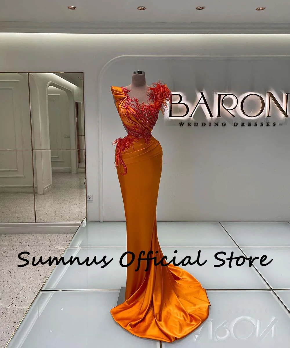 Sumnus luxo sereia vestidos de noite penas contas plissados cetim robe de soiree com trem vestido de baile noite 2023 feito sob encomenda