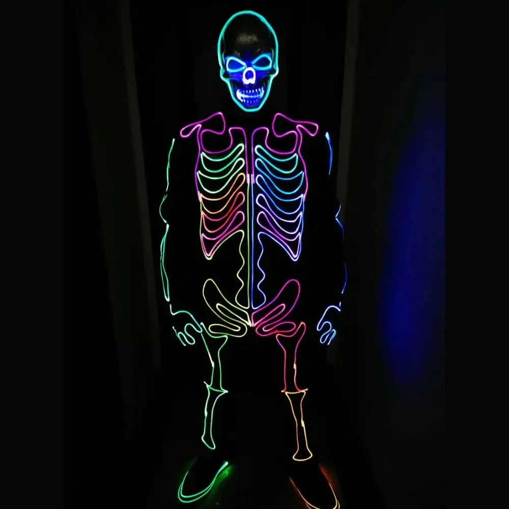 Halloween Maske LED Skelett Kostüm Erwachsene Neuheit Anzug Disco Party Dj Nachtclub Tänzerin Künstler Mann Kostüm