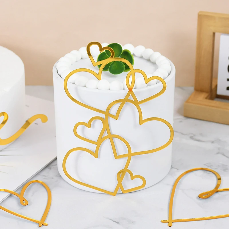 Gold Acrylic Love Heart Cake Topper Wedding Cake Decoration Valentine Day Anniversary Birthday Party Dessert Cake Insert Supply